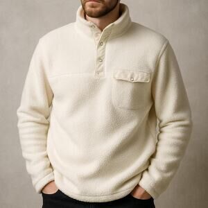 White Sherpa Fleece Snap Pullover- Cozy Winter Neutral (M)
